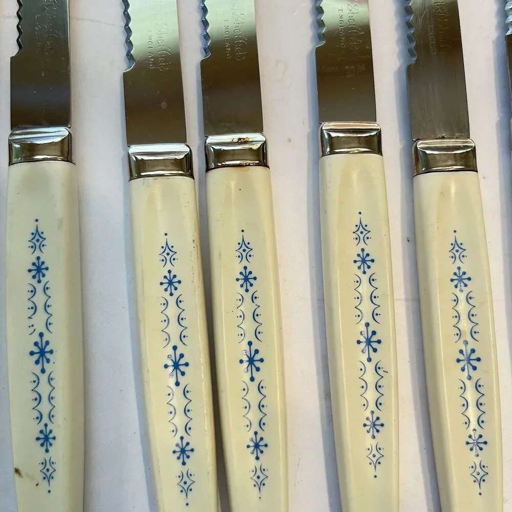 Caravelle Regent Sheffield 10 Pc Knives Blue Snowflake Starburst Pattern